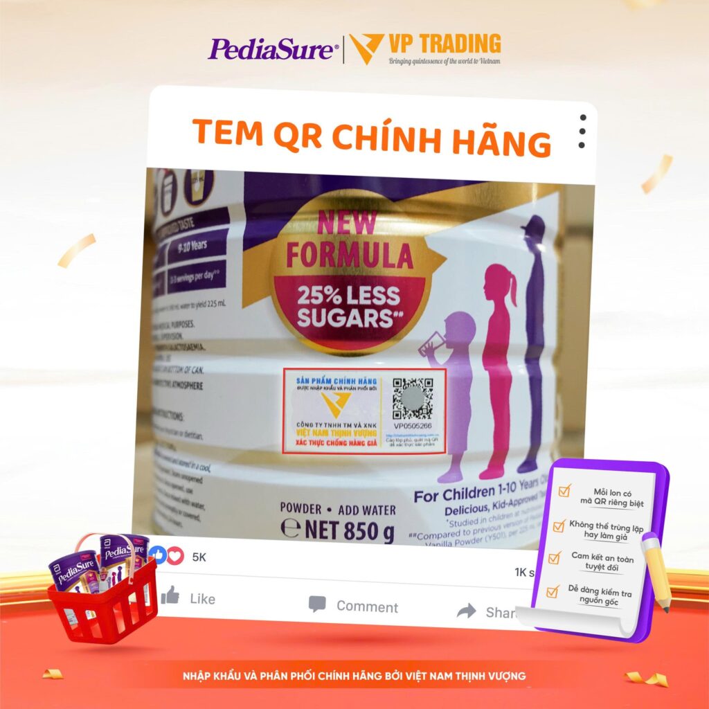 Sữa Pediasure Úc 850gr có tem QR của công ty phân phối chính hãng Việt Nam Thịnh Vượng