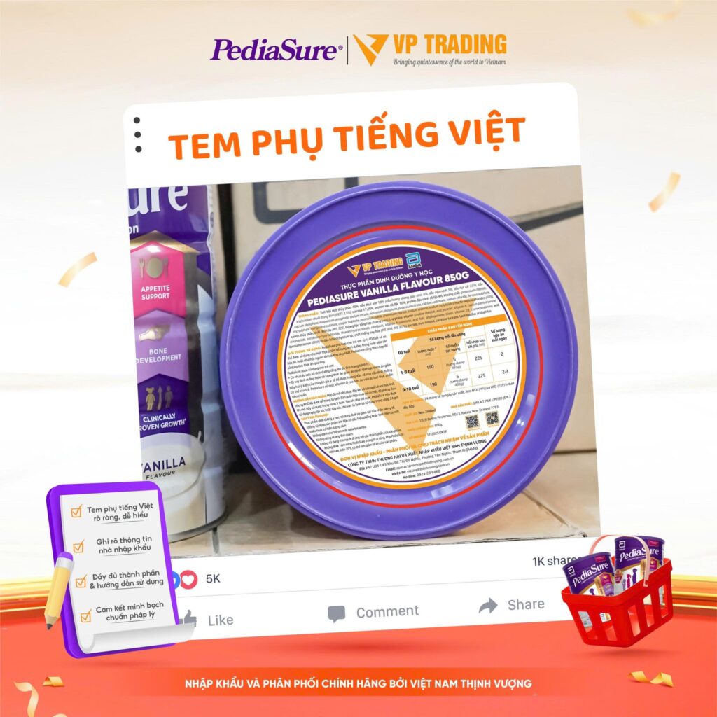 Sữa Pediasure Úc 850gr có tem phụ tiếng Việt của công ty phân phối chính hãng Việt Nam Thịnh Vượng